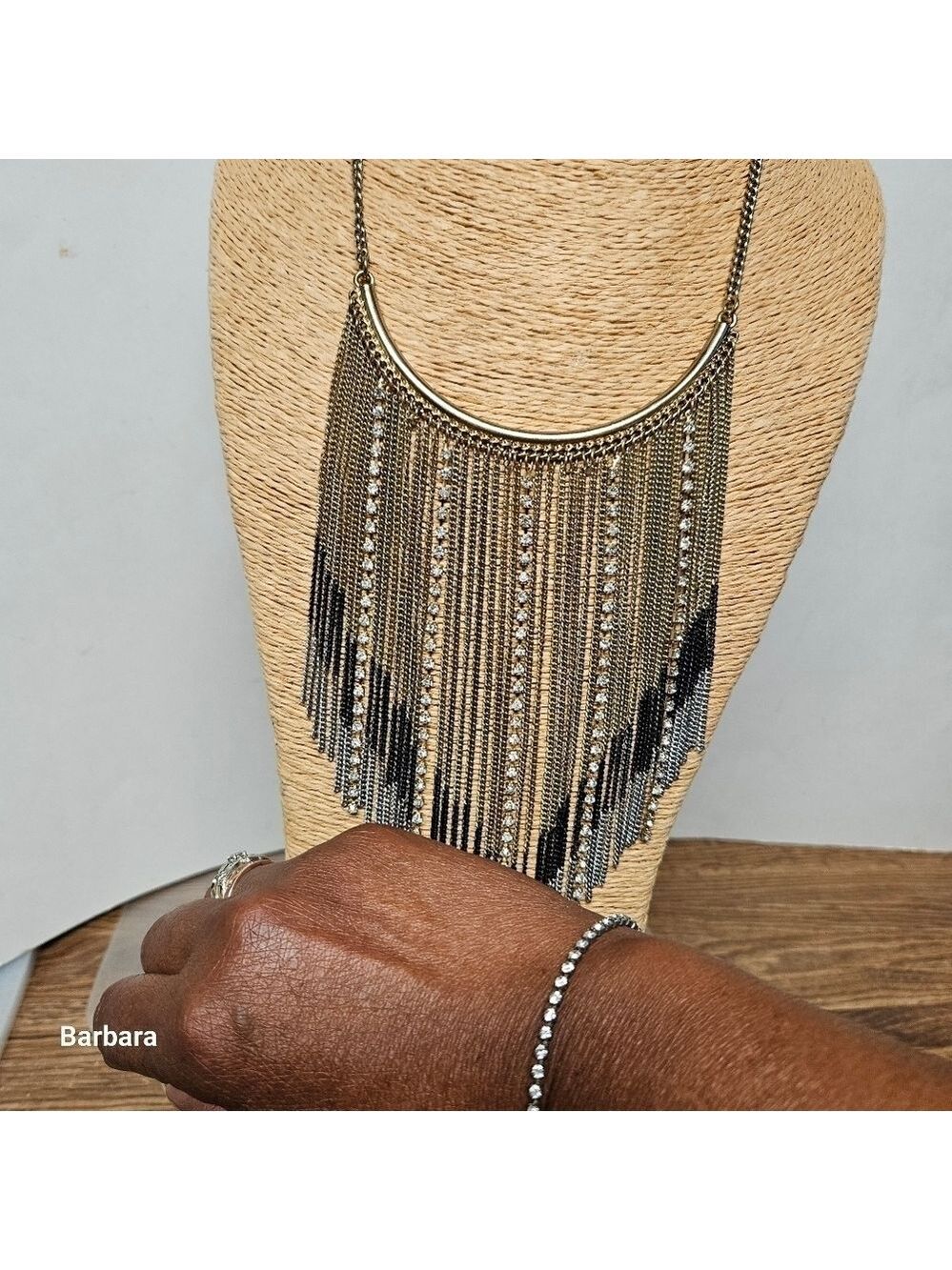 Cascading Tri-Color Metal with Rhinestone Accents Fringe Necklace & Bracelet